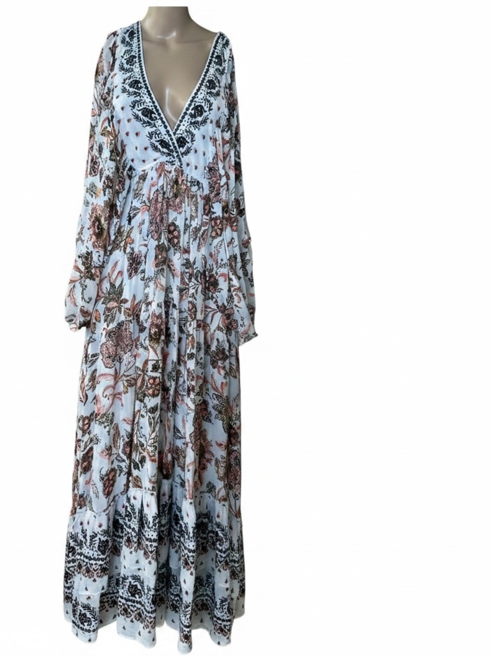 Anthropologie Cream Maxi Dress with Orange and Olive Floral Print size small